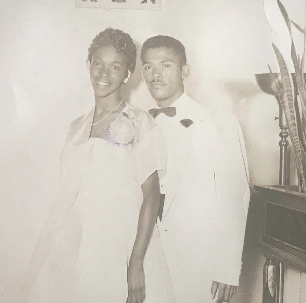 An archival portrait of Milan Balinton's grandparents, Cleo and Mario Balinton, dressed in white